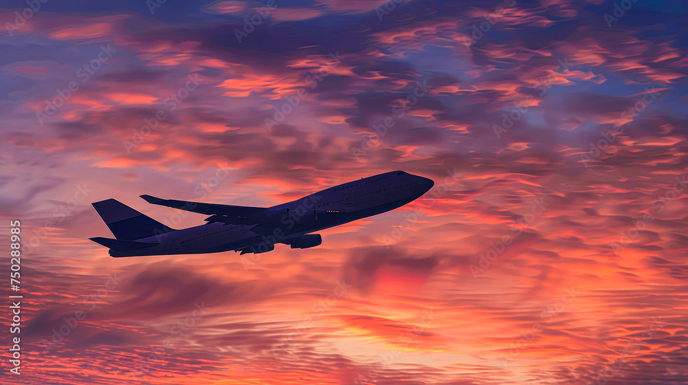 A large jet plane is flying through a beautiful sunset. The sky is a mix of red and orange hues, creating a warm and serene atmosphere. The plane is the main focus of the image A large jet plane is flying through a beautiful sunset. The sky is a mix of red and orange hues, creating a warm and serene atmosphere. The plane is the main focus of the image