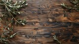 Olives on wooden table. Rustic tabletop with olive. Top view