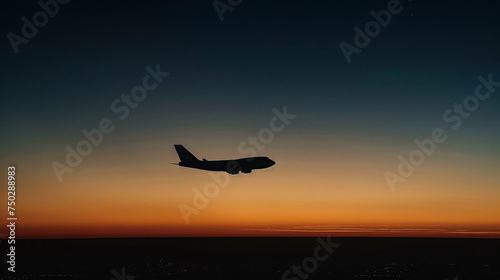 A large jet plane is flying through the sky at dusk. The sky is a beautiful orange color  and the plane is the only object visible in the image