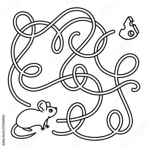 Simple maze game. Find a way from cute little mouse to cheese. Black and white ready to print worksheet for preschool fun activity. Outlined vector illustration for kids.