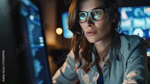A woman wearing glasses is looking at a computer screen. She is focused on the screen and she is working on something. Concept of concentration and productivity © Kowit