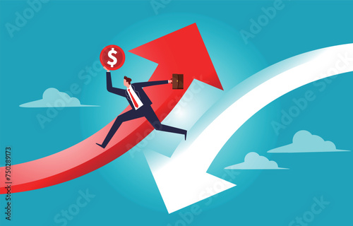  Improvement or progress, recovery or rebound from a recession, jumping from falling to rising, a merchant with a gold coin jumping from a falling arrow to a rising arrow