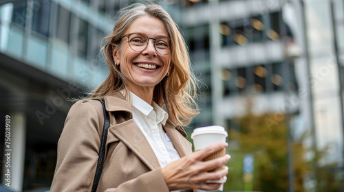 A woman is smiling and holding a coffee cup. She is wearing glasses and a brown coat. Concept of happiness and warmth, as the woman is enjoying her coffee and the pleasant weather