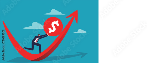 Financial Investing Strategies and Tips, Financial Experts, Buy in anticipation of a price rally price drop, Conquer Adversity, Traders pushing gold coins upward at the bottom of an arrow chart