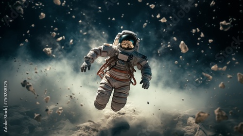Astronauts float in the void with extraterrestrial debris.