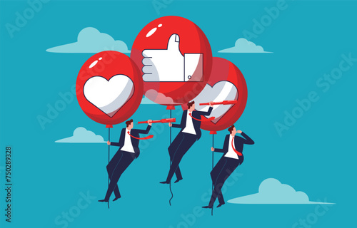 Social media marketing strategies and plans, branding or advertising promotional programs, customer engagement and feedback, businessmen pulling thumbs up and heart-shaped balloons in mid-air discover