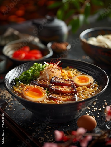 Chinese Ramen Bowl with Vegetables and Egg in a Dark Blue Setting