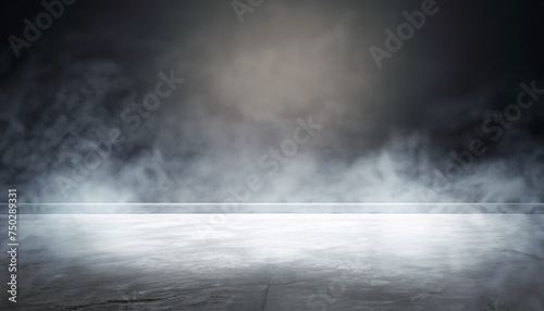 Empty room and concrete floor background.3d illustration. Smoke or fog and spotlight in dark space with copy space for text © Uuganbayar