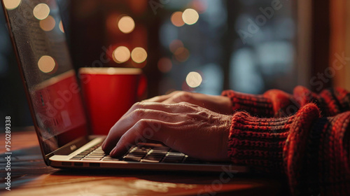 A person is typing on a laptop while holding a red mug. The scene is cozy and intimate, with the person likely enjoying a warm beverage while working or browsing the internet