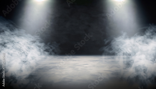 Empty room and concrete floor background.3d illustration. Smoke or fog and spotlight in dark space with copy space for text