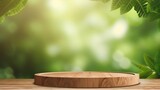 Wooden podium with leaves, green blurred background.