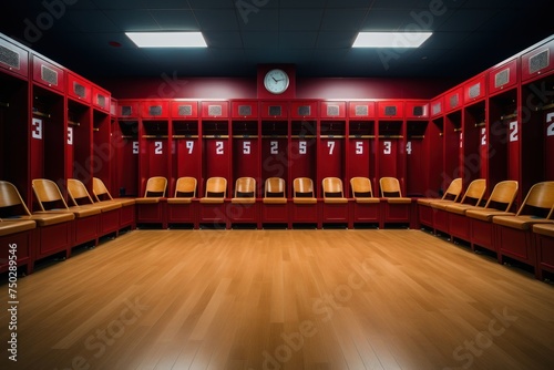 Bright image of football locker room clean and neat. wooden seats. Generative AI..
