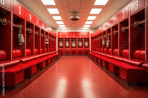 Bright image of football locker room clean and neat. wooden seats. Generative AI.. photo