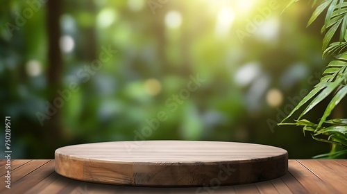 Wooden podium with leaves  green blurred background.