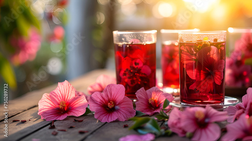 Hibiscus tea in tea cups with pink flowers and group. generative ai