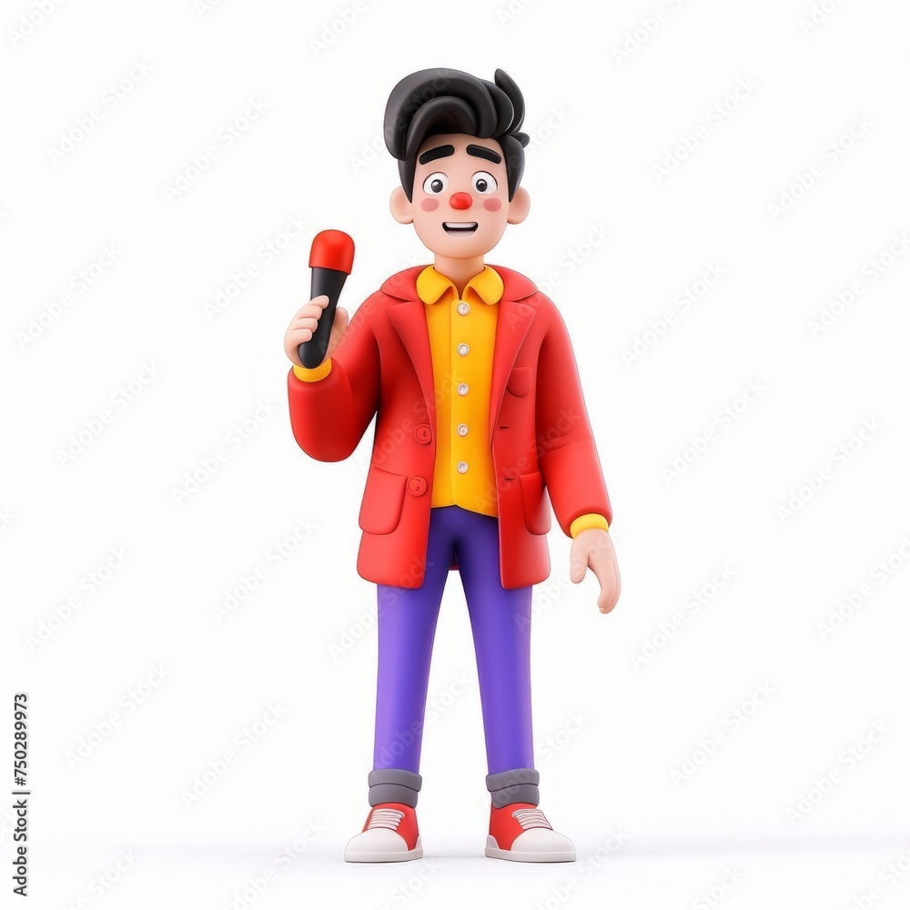 Kid clay animation character wearing a news reporter's blazer and holding a toy microphone, delivering breaking news from a playroom studio, on an isolated white background, Generative AI Kid clay animation character wearing a news reporter's blazer and holding a toy microphone, delivering breaking news from a playroom studio, on an isolated white background, Generative AI