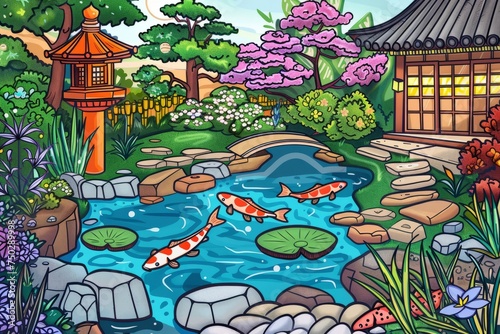 Cartoon cute doodles of a serene Japanese garden with a koi pond and winding stone pathways, Generative AI © Starlight