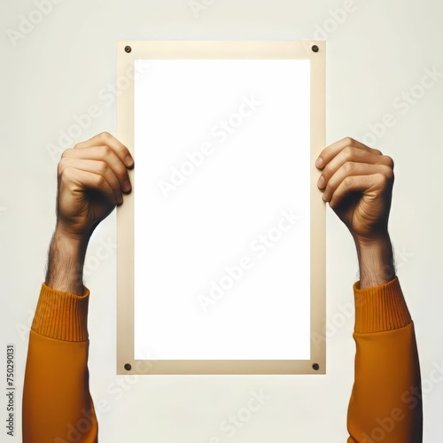 Person's Hands holding blank advertisement paper card with copy space. blank signboard. Generative AI