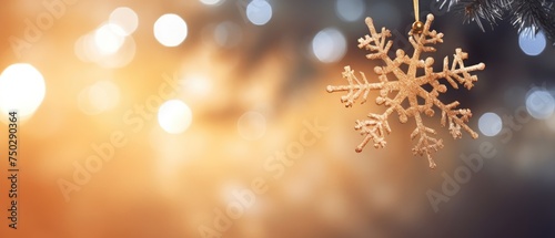 Snowflake hanging on a Christmas tree branch.