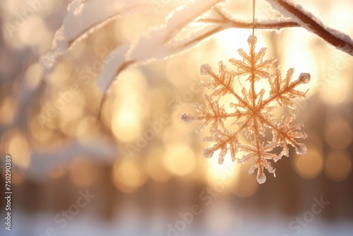 Snowflake hanging on a Christmas tree branch.