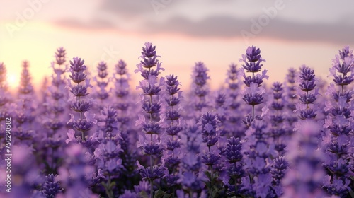  a field of lavender flowers with the sun setting in the backgrounnd and clouds in the sky in the backgrounndgrounnd of the photo. © Nadia