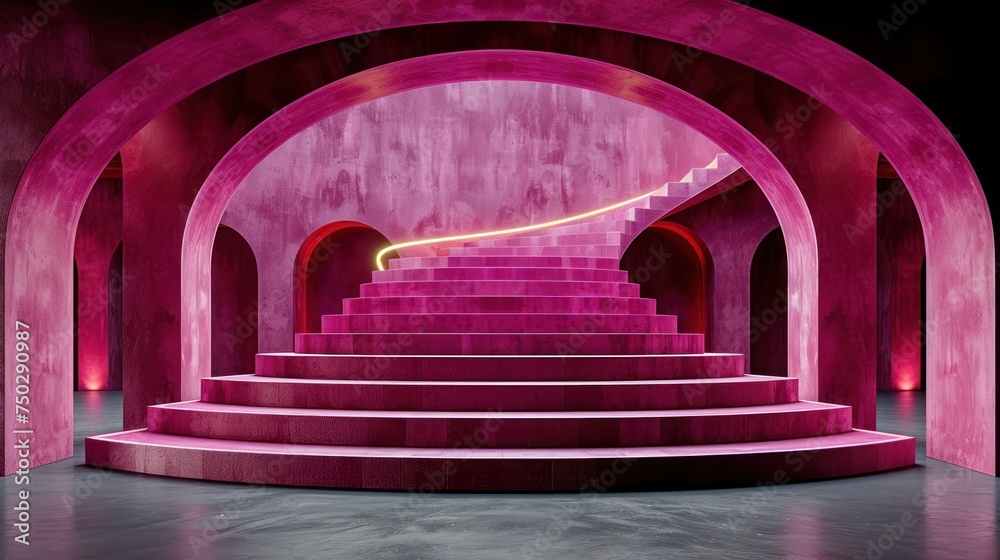  a set of pink steps leading up to the top of a set of stairs in a room with pink walls and a circular staircase leading up to the top of the stairs.