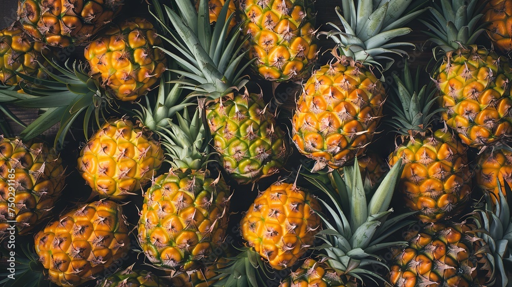 Pineapple on wooden table. Rustic tabletop with pineapple. Top view Pineapple on wooden table. Rustic tabletop with pineapple. Top view