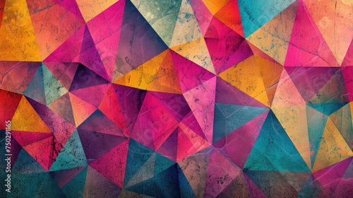 Geometric abstract background with overlapping triangles in fuchsia, olive and sky blue colors