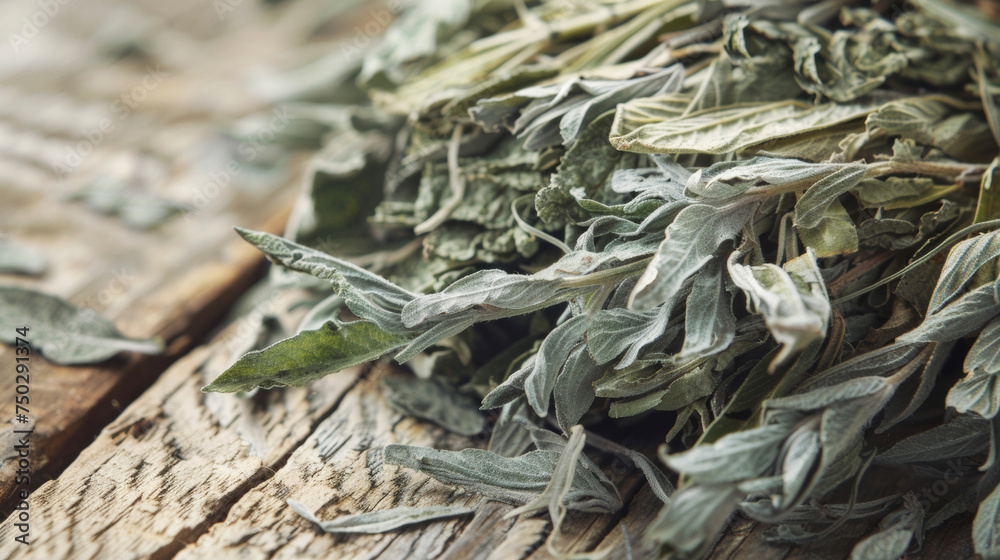 An upclose look at a bundle of dried mugwort a common Chinese herb used in acupuncture with its feathery leaves and distinctive aroma.