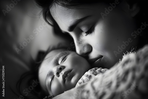 Moody Monochrome Portrait of a Mother and Newborn Sleeping in Bed photo