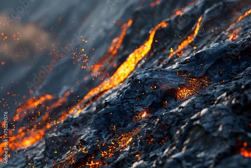 Tilt-shift style lava and volcano landscape with water splash