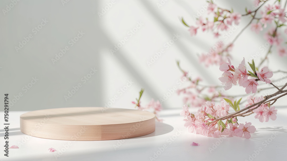 Soft pink cherry blossoms gently draping over a minimalistic wooden platform AI Generative.