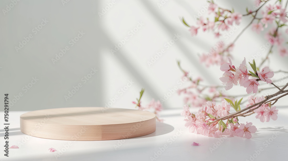 Soft pink cherry blossoms gently draping over a minimalistic wooden platform AI Generative. Soft pink cherry blossoms gently draping over a minimalistic wooden platform AI Generative.