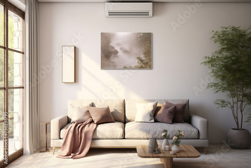A photo-realistic home interior focused on comfort with an efficient air conditioning system, AI Generative. photo