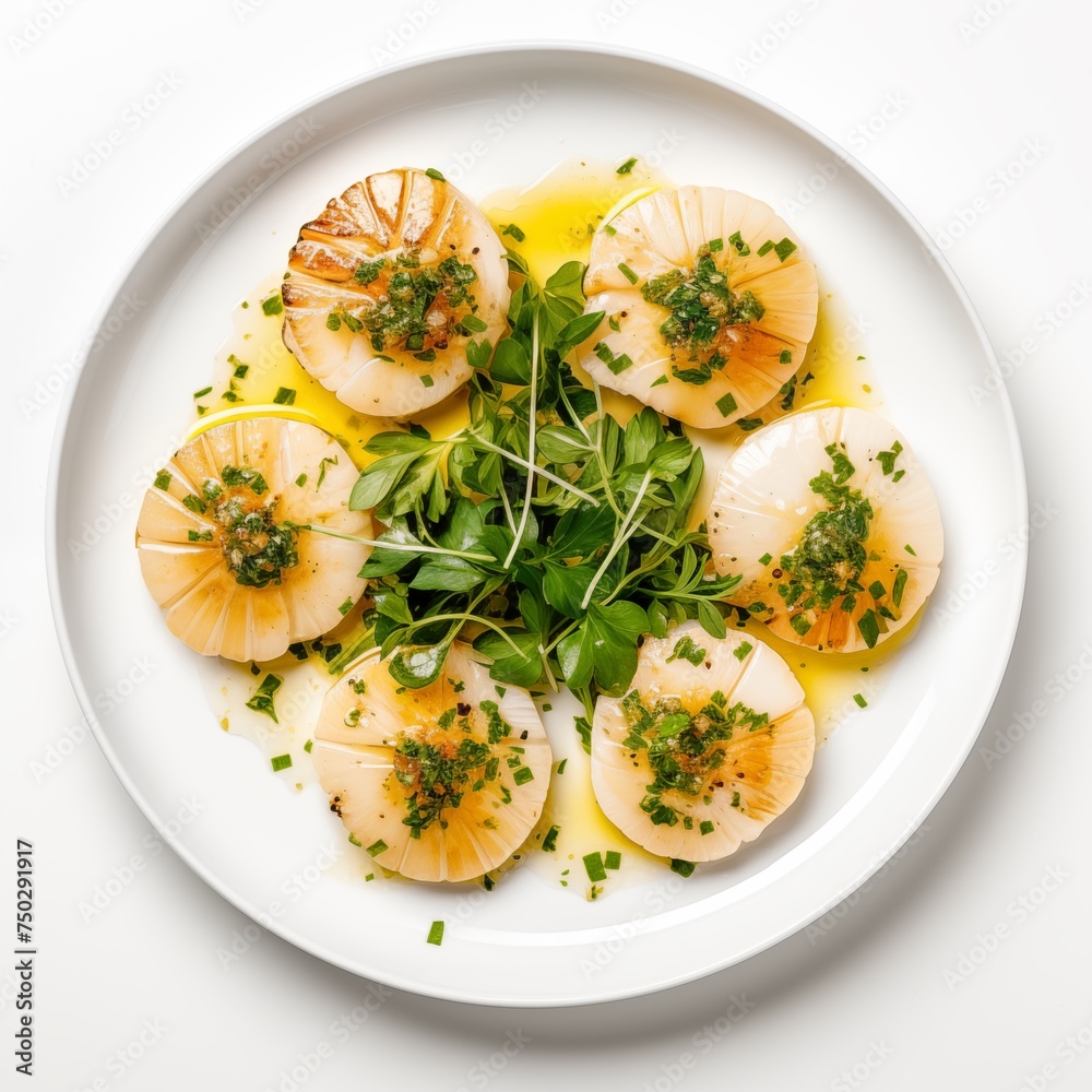 Seared Maine Sea Scallops preserved lemon Dressing,, on a white round plate, on a white background, top view