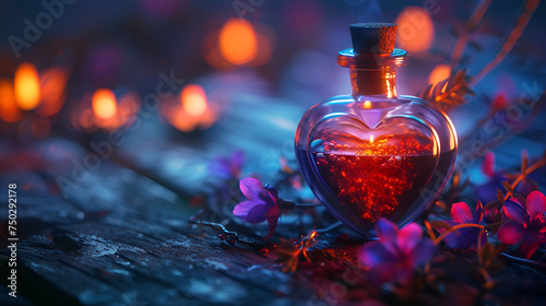Love Potion Bottle on magic Background. heart shape bottle.generative ai
