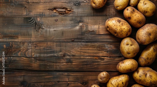 Potatoes on wooden table. Rustic tabletop with potato. Top view