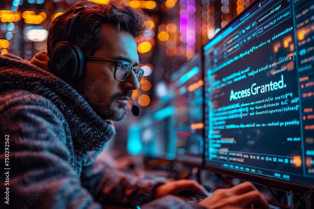 Shoulder-view of a Hacker Gaining Entry to a Secure Database, Displaying Shoulder-view of a Hacker Gaining Entry to a Secure Database, Displaying