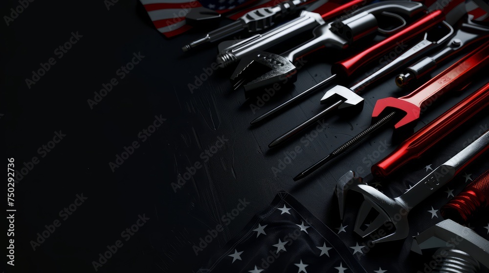 Fototapeta premium Construction and manufacturing tools with patriotic US, USA, American flag on dark black background. International Workers' Day background. Happy labor day. Business and media social background