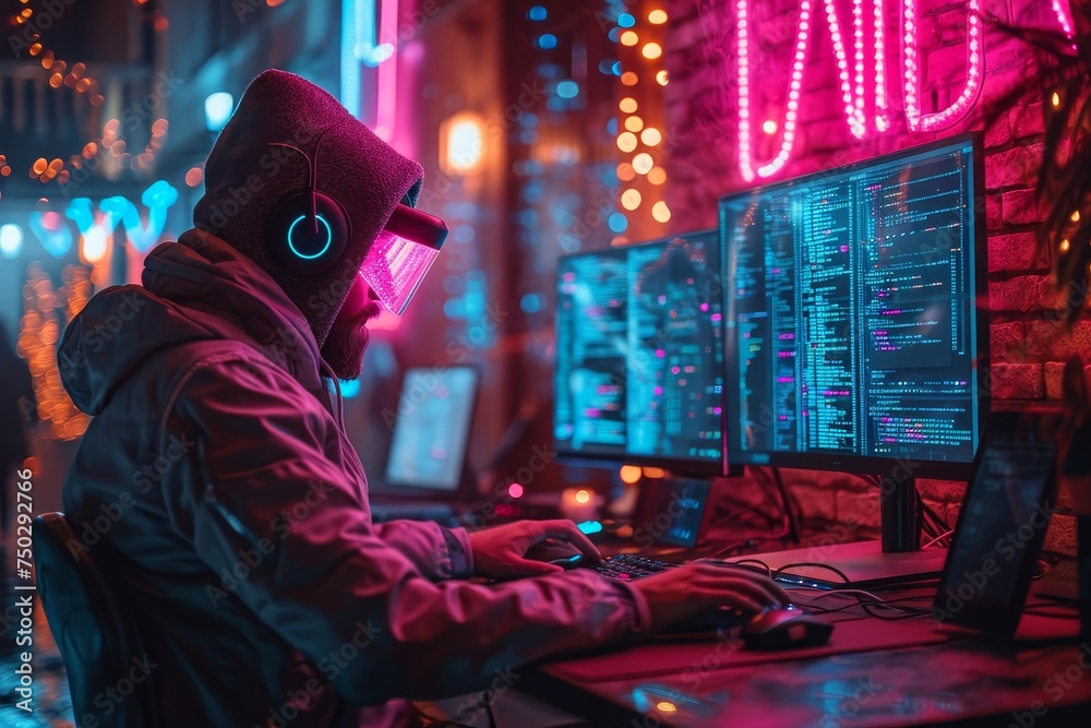 Cyberpunk-Themed Hacker Sitting at Tech-Laden Desk Illuminated by Neon Lights, Portraying Concept of Futuristic Technology and Digital Espionage
