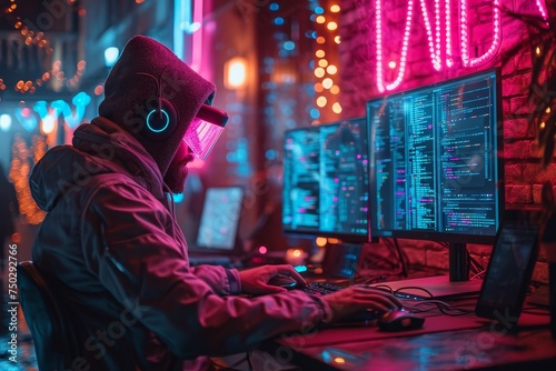 Cyberpunk-Themed Hacker Sitting at Tech-Laden Desk Illuminated by Neon Lights, Portraying Concept of Futuristic Technology and Digital Espionage