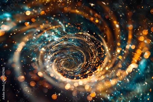 Spiral Cloud Background with Gold Particles and Radiating Lights in Deep Space