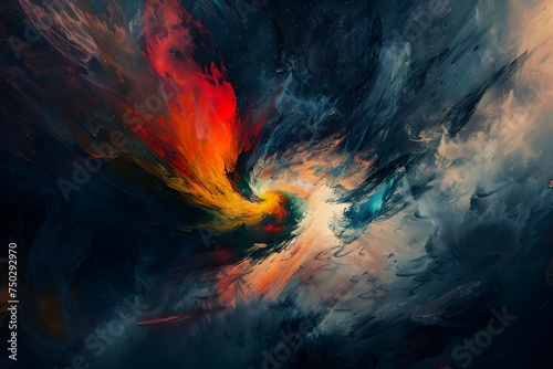 Large Abstract Artwork in Space Art Style with Flame Colors and Swirling Paint
