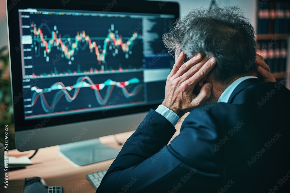 Stressed Middle-Aged Businessman in Suit Sitting in Front of Plunging Stock Graph on Computer Screen, Reflecting the Concept of Financial Crisis and Worries Stressed Middle-Aged Businessman in Suit Sitting in Front of Plunging Stock Graph on Computer Screen, Reflecting the Concept of Financial Crisis and Worries