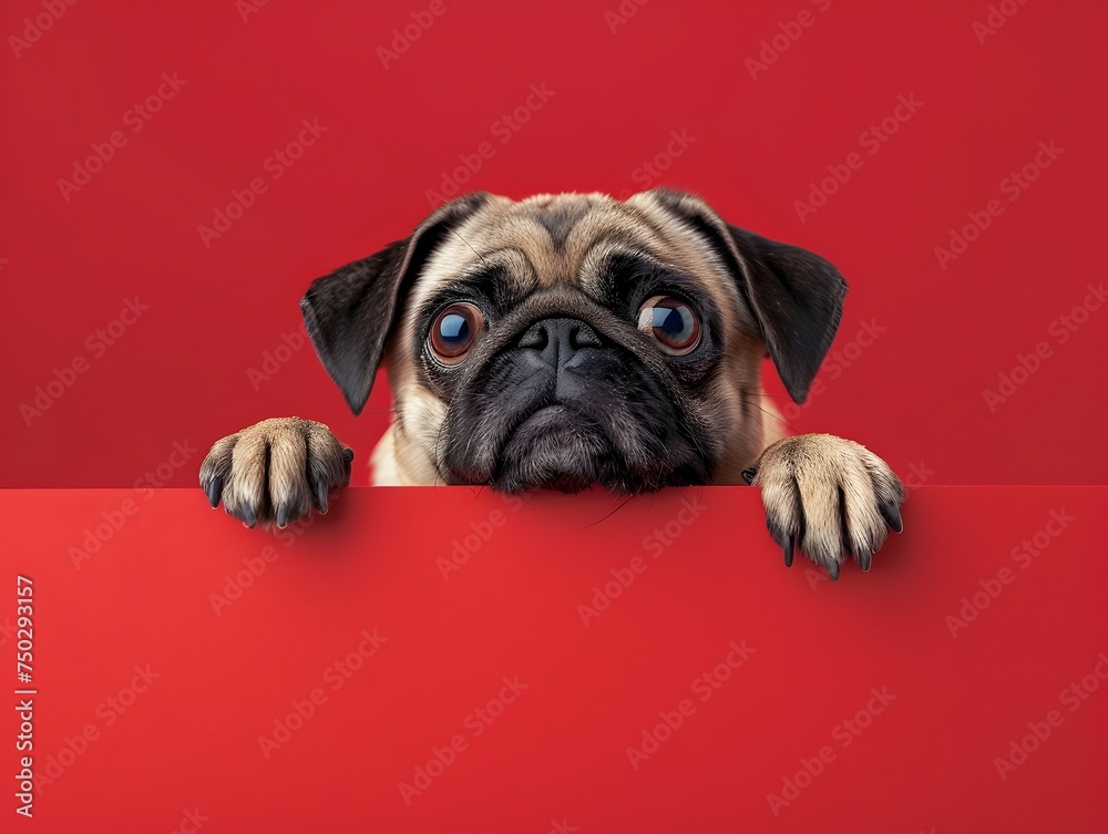 Pug Dog Peeking Out from Red Background