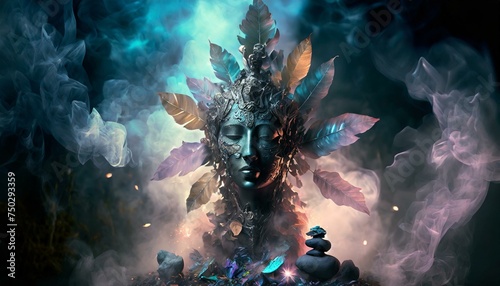 ancient statue made of leaves and stones, smoke