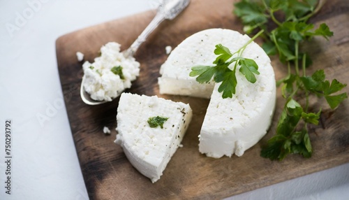 urd cheese with green herbs on a wooden cutting board; close-up; white background; isolated 