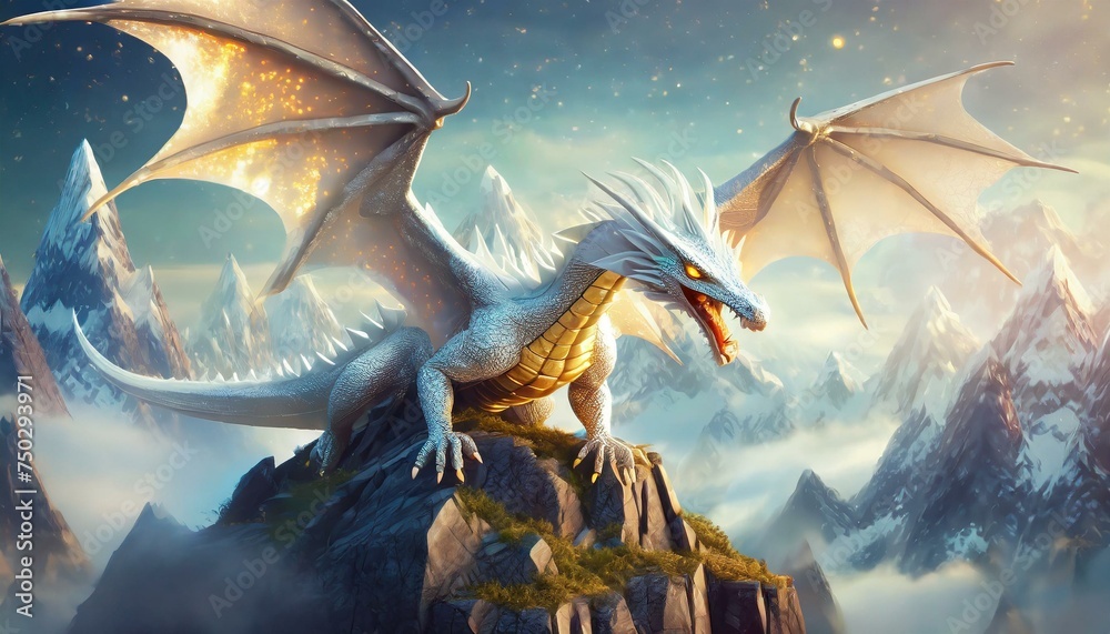 Fototapeta premium fantasy dragon with shiny white scales wrapped around a mountain peak