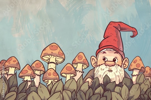 Cartoon cute doodles of a garden gnome peeking out from behind a patch of mushrooms  Generative AI
