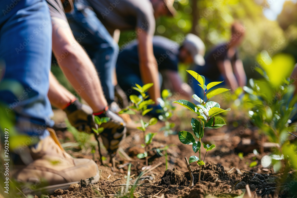 Fototapeta premium A group of volunteers actively participates in a community tree planting event, demonstrating commitment to environmental conservation